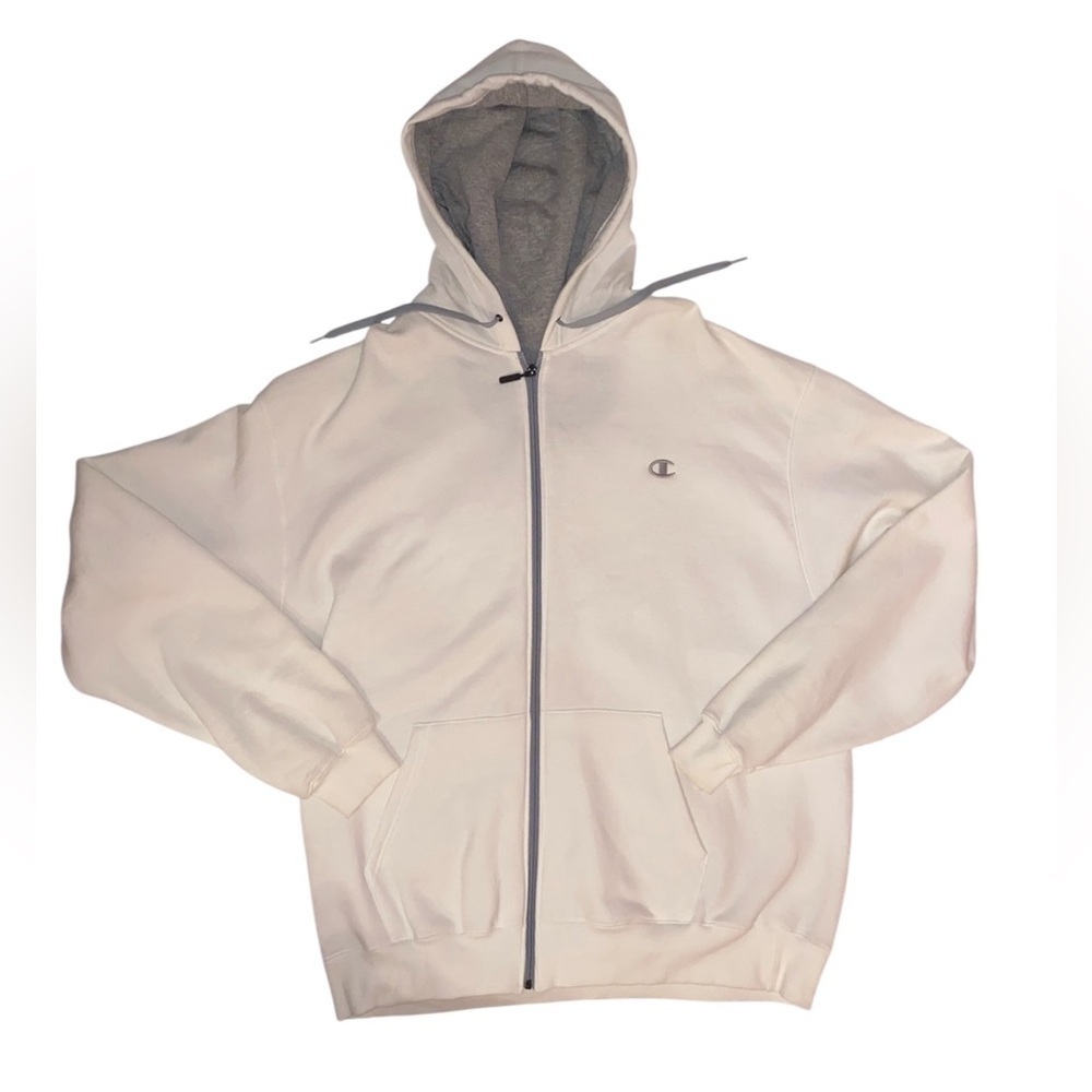 CHAMPION Y2K Heavyweight Hoodie Fleece Jacket in White & Gray Size 2XL
